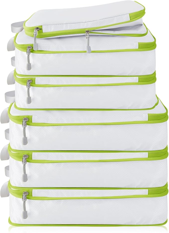 Compression Packing Cubes, 6 Set Packing Cubes for Travel Compression, Lightweight Compressible Package Organizer for Carry On and Suitcases, White and Green