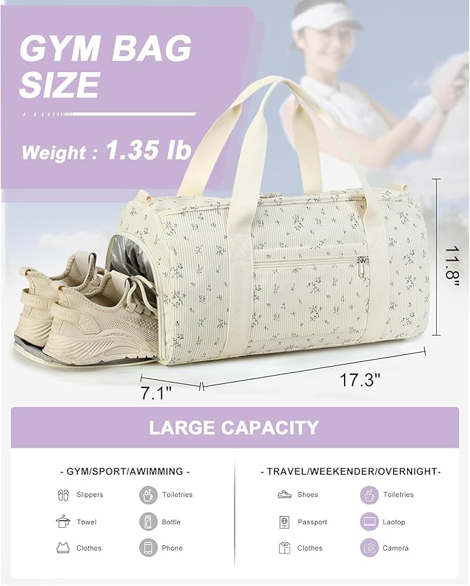 BTOOP Duffle Bag for Gym Sports Women Girls Workout Travel Bag Weekender with Shoe Compartment and Wet Pocket