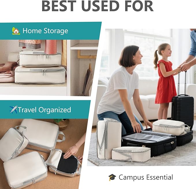 Compression Packing Cubes for Travel, 4 Set Expandable Packing Organizers, Lightweight Luggage Organizer Bags, Travel Essentials for Carry on, Handy Helper for Organizing Clothes, Off-White