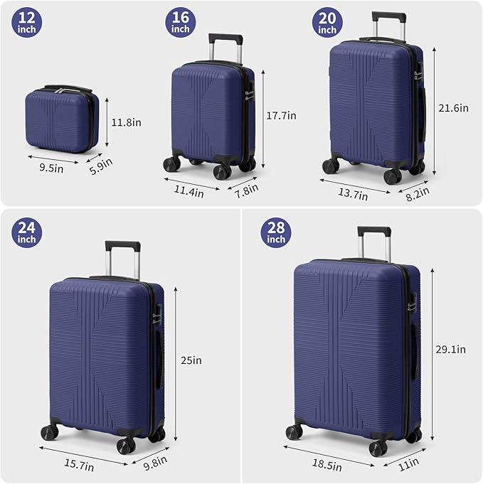 Karl home Luggage Sets 5 Piece, PP Hard Case Suitcase Set with Built-in Lock Spinner Wheels, Lightweight Durable Carry on Luggage for Business Travel - Blue (12/16/20/24/28")