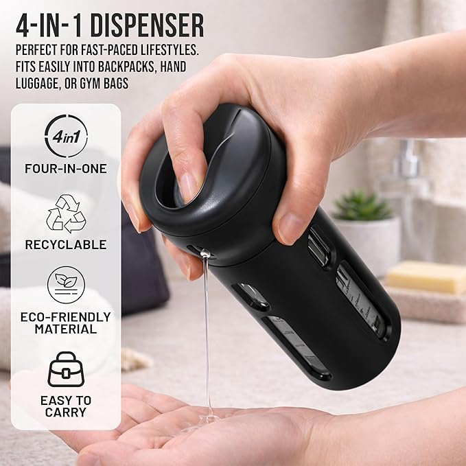 Travigo 4-in-1 Travel Dispenser Bottle Set, TSA Approved, Leak Proof, Reusable 1.4 oz. (40 mL) Toiletry Containers for Shampoo, Conditioner, Soap, Lotion, Skincare (2 Pack, Black & Pink)
