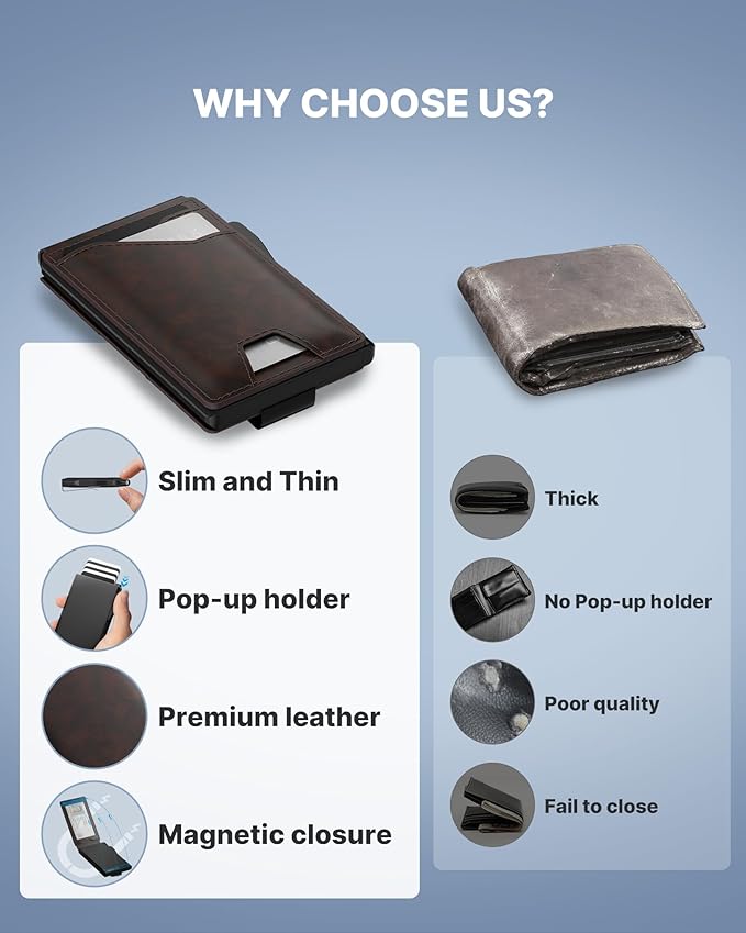 typecase Tactical Wallet for Men Card Holder: Pop Up Card Case, Genuine Leather, Smart, RFID Blocking, Slim, Minimalist, Thin, Front Pocket - 9-13 Card Capacitiy, ID Window, Money Clip (Deep Brown)