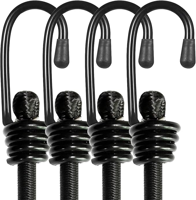 BEXSLE Bungee Cords with Hooks, Heavy Duty Outdoor Elastic Bungee Straps，No Odour Industrial Grade Bungee Rope for Securing Tarps, Luggage, Tents, Bikes or Garden Tidying 48inch 4Pcs (Black)