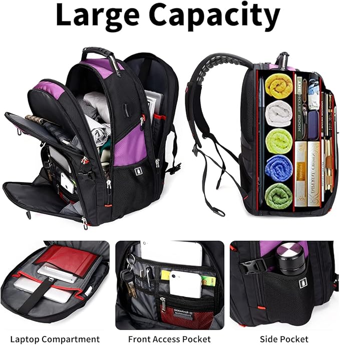 SHRRADOO Extra Large 50L Travel Laptop Backpack with combination lock, College High School Backpack Airline Approved Business Work Bag Fit 17 Inch Laptops for Men Women,Purple