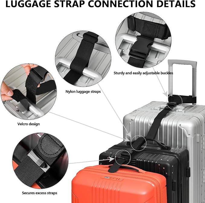 BILIONE Luggage Connector Straps, Suitcase Straps to Connect 3 Suitcases or Add A Bag, Luggage Straps for Suitcases Adjustable Buckle Belt, 2Pack Black