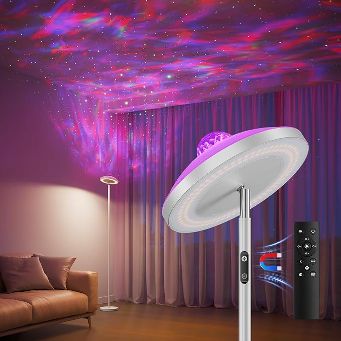 DUSKTEC 3-in-1 Floor Lamp, RGB Aurora & Galaxy Star Projector, 69", White | Magnetic remote & touch, 1400 lm, 3000K–6000K tunable white, 10%–100% dimmable, 1 hr timer for bedrooms, kids' rooms & gaming