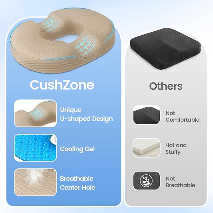 Donut Pillow Seat Cushion - Cooling Gel Outdoor Chair Cushions, Memory Foam Seat Cushion for Office & Home, Car Seat and Patio Furniture Cushions, Hemorrhoids Pillow and Tailbone Pain Relief, Khaki