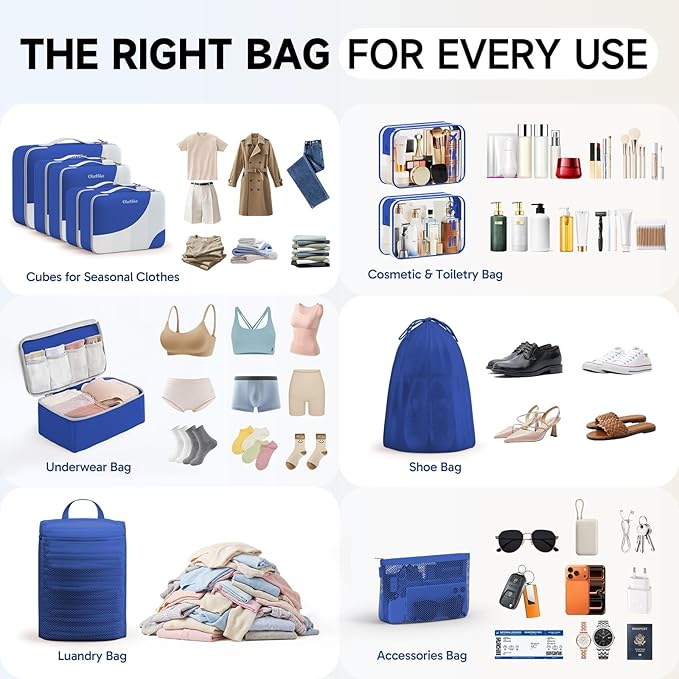 11 Set Packing Cubes for Travel, Gifts for Women Mom Kids, TSA Approved Bags for Makeup, Cosmetic, Toiletry, Suitcase Organizers for Checked Luggage, Cruise Essentials,Airplane Accessories, Klein Blue
