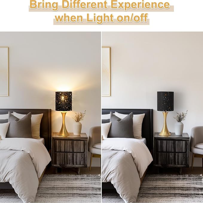 Touch Table Lamp,3 Way Dimmable Gold Bedside Lamp with Black Star Shade | Touch Control Nightstand Lamp, Decorative Ambient Bedside Light for Living Room, Bedroom, Dorm, Office, LED Bulb Included