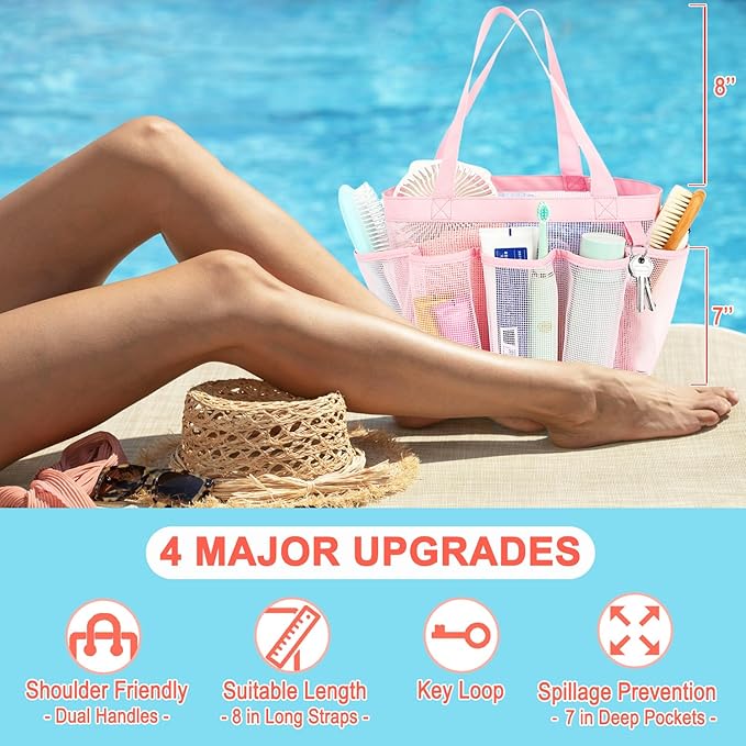 Fammart Mesh Shower Caddy Portable for College Dorm Room Essentials, 8-Pocket Large Shower Basket Tote Bag with 2 Handles for Toiletry, Bathroom, Beach, Camp, Gym