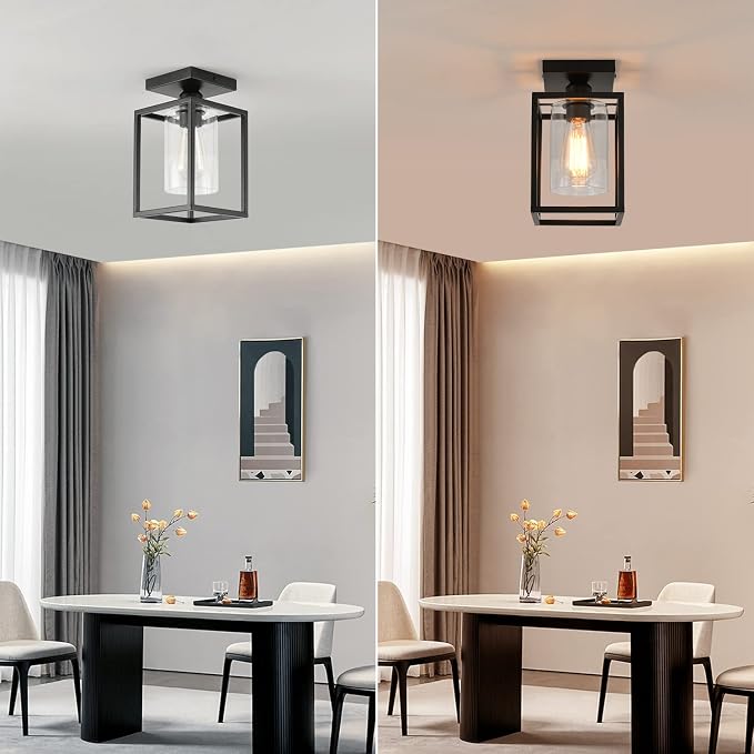 1 Pack Semi Flush Mount Black Metal Frame Ceiling Light with Clear Glass Shade, Farmhouse Fixture for Kitchen, Island, Entryway, Porch, Foyer, Dining Room