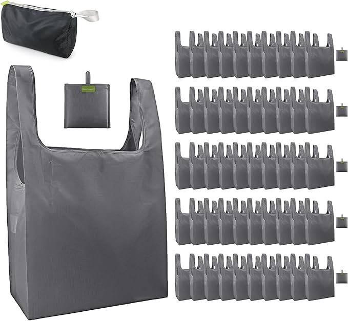 BeeGreen Grey Reusable Grocery Bags Wholesale Gray Reusable Kitchen Bags Bulk Foldable-Machine Washable with Zipper Storage Pouch 50 Packs