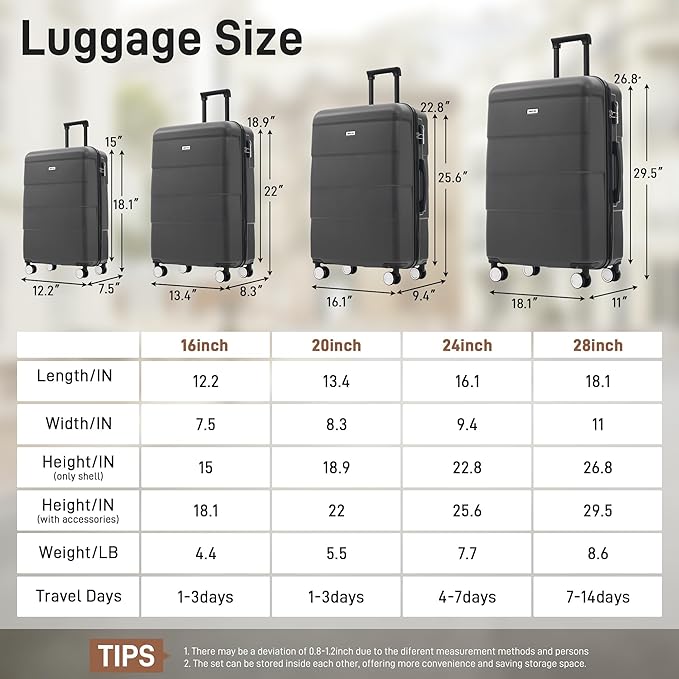 Merax Luggage Sets,6 Piece Carry on Suitcase with Travel Bags,Hardcase Suitcase Set with Double Spinner Wheels,16/20/24/28 IN Luggage Airline Approved,Charcoal