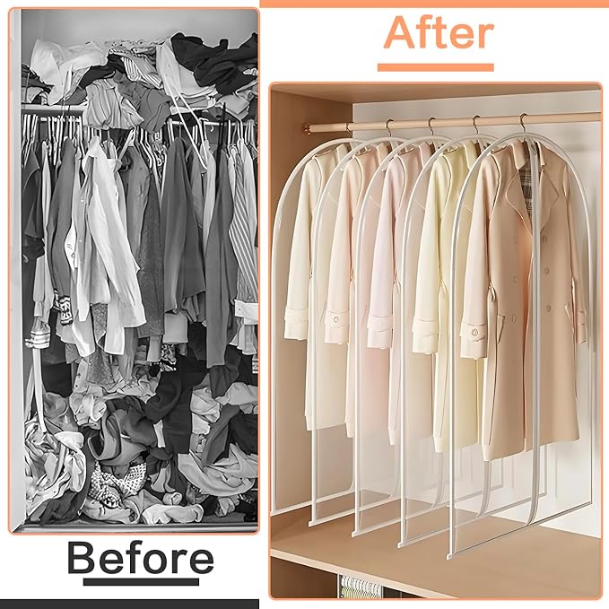 Clear Garment Bags for Hanging Clothes Travel (24'' x 54'' Set of 6) Clothes Storage Bags Closet Cover for Open Closet with Zipper for Suit, Sweaters Travel Laundry Wardrobe Closet Garment Dust Cover
