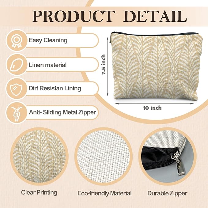 Boho Beige Leaf Makeup Bag, Neutral Block Print Leaves Cosmetic Bags for Women, Minimalist Beige Botanical Zipper Makeup Pouch