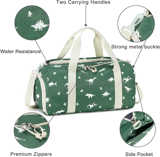 CAMTOP Kids Duffel Overnight Bag Boys Girls Toddler Weekender Carry-On Personalized Tote for Travel Gym Sport (A-Green Dinosaur)