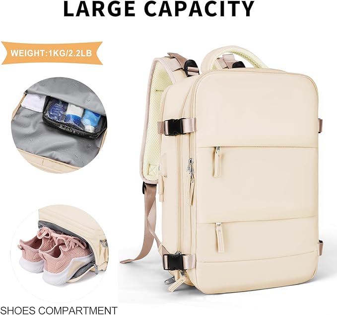 coowoz Travel Backpack For Women Men,Carry On Backpack,Hiking Backpack Waterproof Outdoor Sports Rucksack Casual Daypack Travel Essentials（Beige）