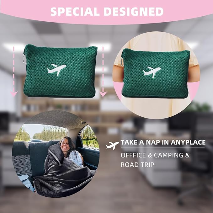 3 in 1 Travel Blanket Pillow Set - 350 GSM Thick Travel Blanket Airplane Compact with Bag, Soft Bag with a Pocket, Inflatable Travel Pillow for Camping & Car Trip (Dark Green)