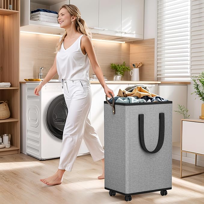 Laundry Basket with Wheels, Collapsible Laundry Baskets, Laundry Hamper with Handles Detachable Wheels, Rolling Laundry Basket, Dirty Clothes Hamper for Bathroom, Dorm, Bedroom, Grey, 100L