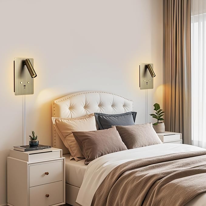 ZEROUNO Wall Mounted Reading Light Set of 2,Dimmable Adjustable Headboard Plug in Wall Sconce with USB A+C Ports,Touch Control Wall Light for Bedroom Bedside Lamps