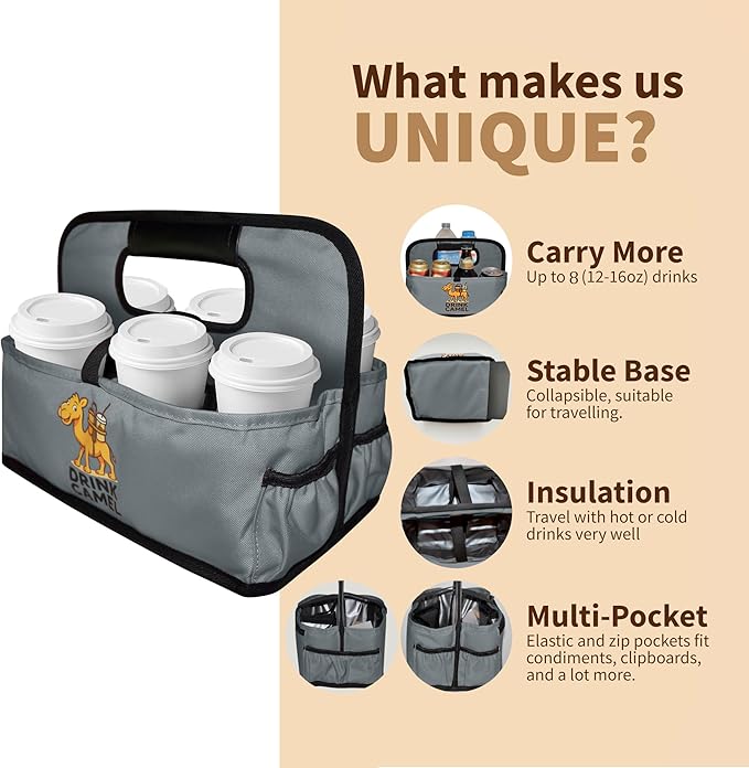 Reusable Drink Carrier with Handle, Foldable 6 Cup Drink Holder Carrier for Delivery, Coffee Cup Carrier, Portable Cup Holder Bag for Drinks, to Go Beverage Drink Organizer (Grey)