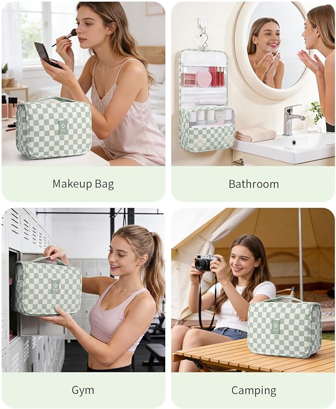Narwey Small Hanging Travel Toiletry Bag for Traveling Women, Checkered Travel Bag for Toiletries, Makeup Bag Organizer Make Up Cosmetic Bags (Mint Green Checkerboard)