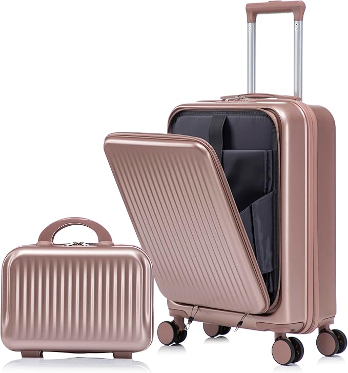 2 Pcs ABS Spinner Luggage Set with Front Opening Design, 14" Cosmetic Case & 20" Carry-On with Combination Lock For Business Trip, Champagne