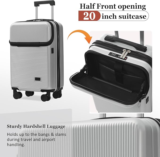 Merax Luggage Sets 5 Piece with Half-opening, Hardside 20" Carry On Suitcase Set with USB Port,Lightweight Travel 24" 28" Luggage with Bags TSA Locks Double Spinner Wheels,Silver