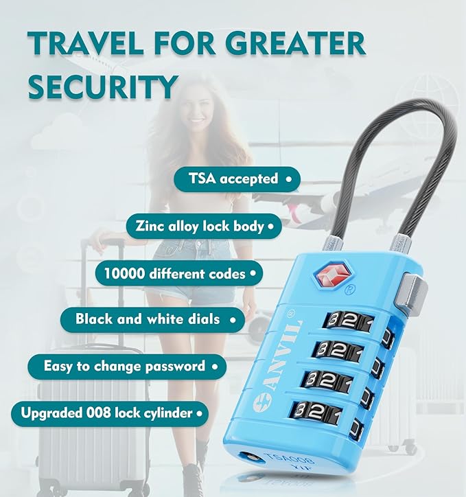 ANVIL 4 Digit Luggage Locks, TSA Locks for Luggage, Advanced TSA008 core, Alert Indicator for Your Travel Lock, Suitcase Lock. (3, Blue)