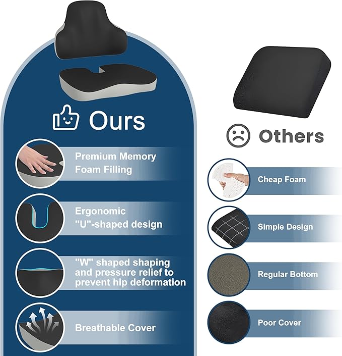 Cushion and Lumbar Support Pillow, Relief Pressure Seat Cusion for Office Chairs & Car Seat, Ergonomic Design Cusion for Tailbone Pain Relief, Sciatica & Back Support