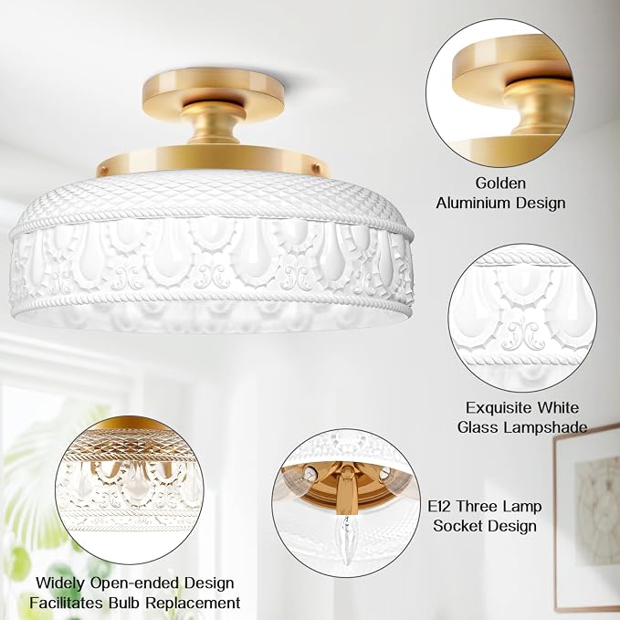 Lamomo Semi Flush Mount Ceiling Light,12 Inch White Glass Shade Gold Hallway Light Fixture,3 Light Globe Glass Close to Ceiling Scone,Indoor Hanging Light for Bedroom Kitchen Porch Hallway