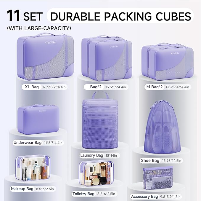 11 Set Packing Cubes for Travel, Gifts for Women Mom Kids,TSA Approved Bags for Makeup, Cosmetic, Toiletry, Suitcase Organizers for Checked Luggage, Cruise Essentials,Airplane Accessories, Lavender
