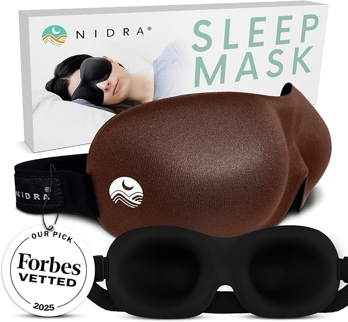 Nidra Contoured Sleep Mask for Side Sleepers – Zero Pressure Fit, Light Blocking Eye Shade for Sleeping & Travel – Brown, Standard Size
