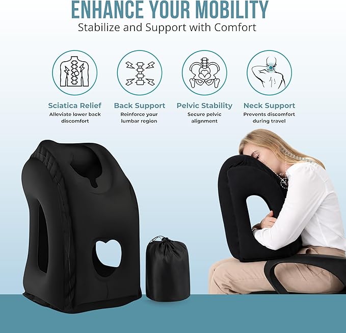 Inflatable Travel Pillows for Airplane-Multi Purpose Blow up Travel Pillow to Prevent Neck,Head,Chin & Shoulder Pain for Travelling Car/Airplane/Office Nap,Home with Eye Mask and Earplugs-Black
