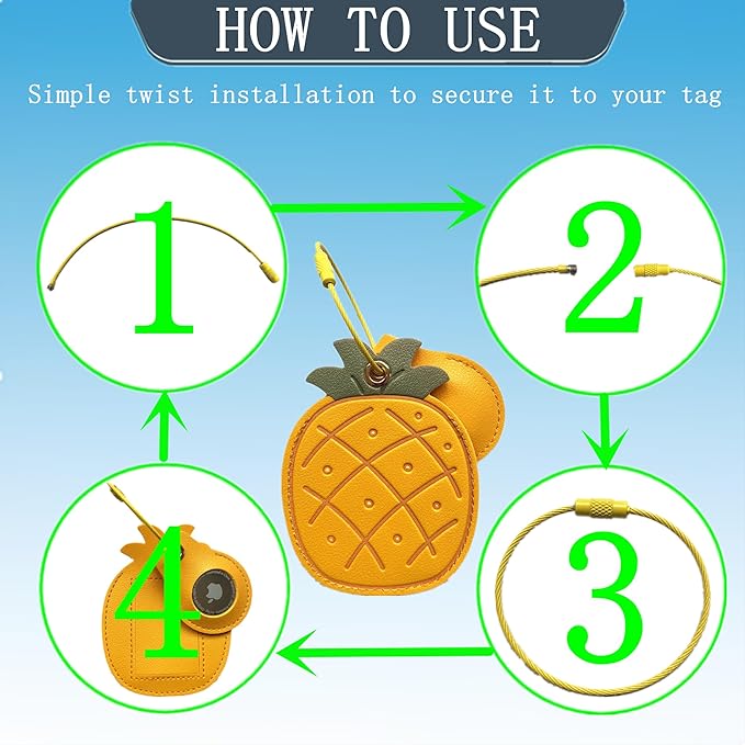 CuteLeather Luggage Tag Holder with Airtag Case Set,Hidden Compartment for AirTag Travel Suitcase Tracking Case with Stainless Steel Loop,Name ID Label(Pineapple)