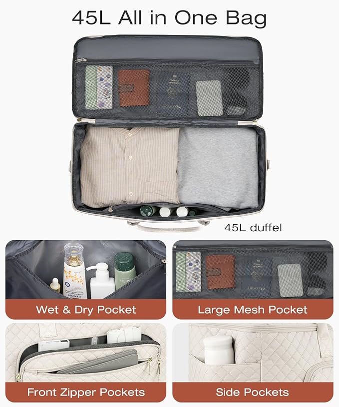 Travel Duffle Bag, Wide Open Large Weekender Bag for Women with Shoe Compartment, Carry on Overnight Bags with Toiletry Bag, Hospital Bag for Women Labor Delivery with Wet Pocket (Cream)