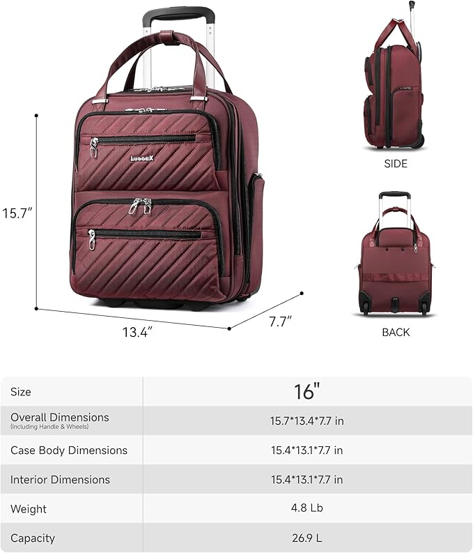 LUGGEX Underseat Carry On Luggage with Wheels, UDK Stylish Lightweight Under Seat Luggage, Soft Sided Personal Item Suitcase for Short Trip (UX-Core, Dark Scarlet, 16 Inch)