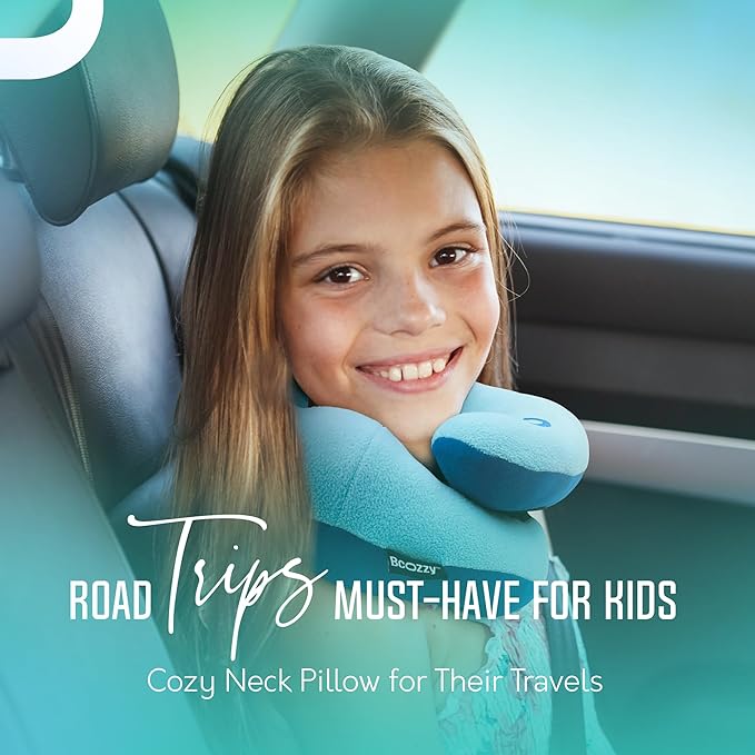BCOZZY Kids Chin Supporting Travel Pillow for Ages 8–12- Patented Soft Neck Pillow for Head and Chin Support in Car Seat and Airplane. Comfortable Travel Essential. Medium Size, Bag, Light Blue