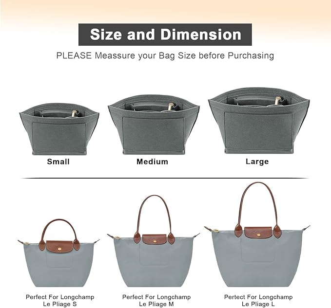 LOUKAYCCI Felt Purse Organizer Insert for Longchamp Le Pliage L Handbag Insert (Light Grey, Large)