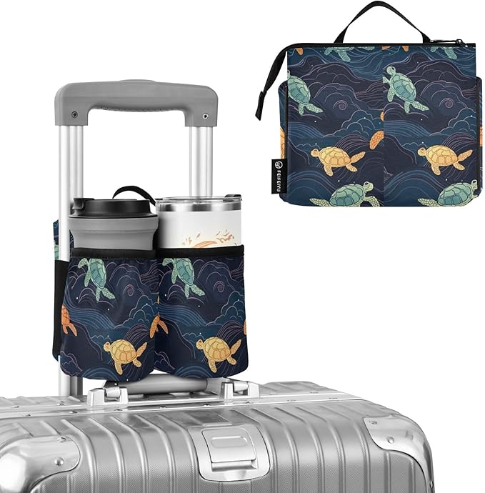 xigua Colored Turtle Travel Luggage Cup Holder,Free Hands Suitcase Drinks Carrier Bag Drink Holder with 2 Coffee Mugs for Flight Attendants,Business Travelers Travel Essential170, 7.9×3.9×4.9in