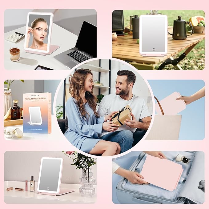 FUNTOUCH Rechargeable Travel Makeup Mirror with 72 Led Lights, Portable Lighted Makeup Mirror, 3 Color Lighting, Dimmable Touch Screen, Type C, Tabletop LED Folding Cosmetic Vanity Mirror (Pink)