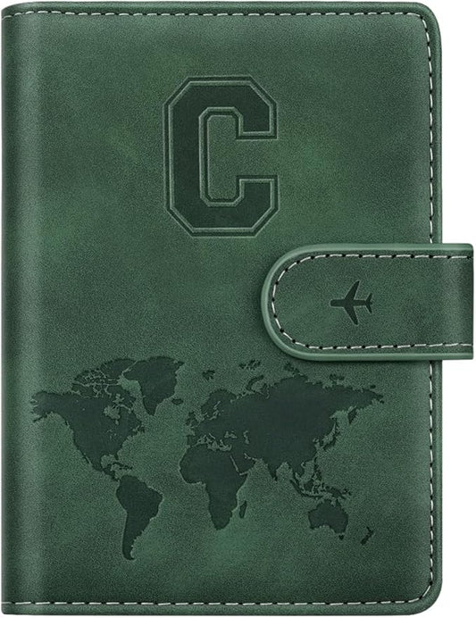 Personalized C Passport Holder Cover Initial Letter Travel Wallet RFID Blocking Passport Cover Credit Card Holder Case Passport Book Holders for Women and Men, Pine Green-C