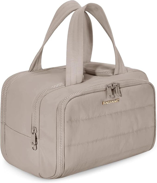 BAGSMART Travel Toiletry Bag, Crush Toiletry Bag for Women, Wide-open Puffy Toiletry Bags for Traveling, Large Travel Cosmetic Makeup Bag Organizer for Accessories,Toiletrie, Grayish Brown