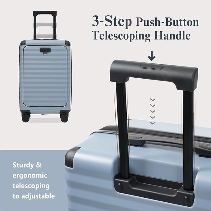 Merax Luggage Sets 3 Piece Front Opening, Hardside Lightweight Carry on Suitcase with Cup Holder USB Port,Durable Expandable Luggage with Bags Spinner Wheels and TSA Lock,Sky Blue