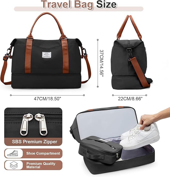 Weekender Bags for Women, Travel Duffel Bags with Shoe Compartment & Wet Pocket,Travel Bag for Airlines,Carry on Overnight Tote Bag for women with Toiletry Bag,3Pcs Set，Black & Brown