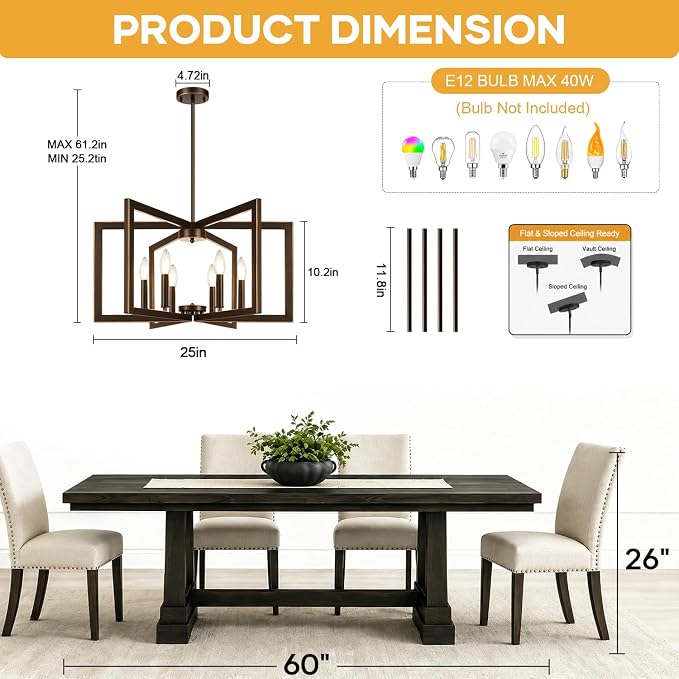 25"-61" Height Adjustable Modern Oil-Rubbed Bronze Chandelier for Dining Room, No Assembly Required Dining Room Light Fixture Over Table, Industrial Metal Pendant Lights Fixture for Kitchen Island
