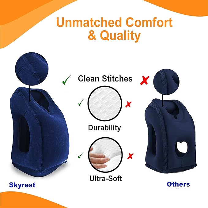 Inflatable Travel Pillow - Airplane Pillow for Neck Support on Planes, Buses, Cars, Office & Trains - Comes with Eye Mask, Earplugs & Portable Drawstring Bag (Blue)