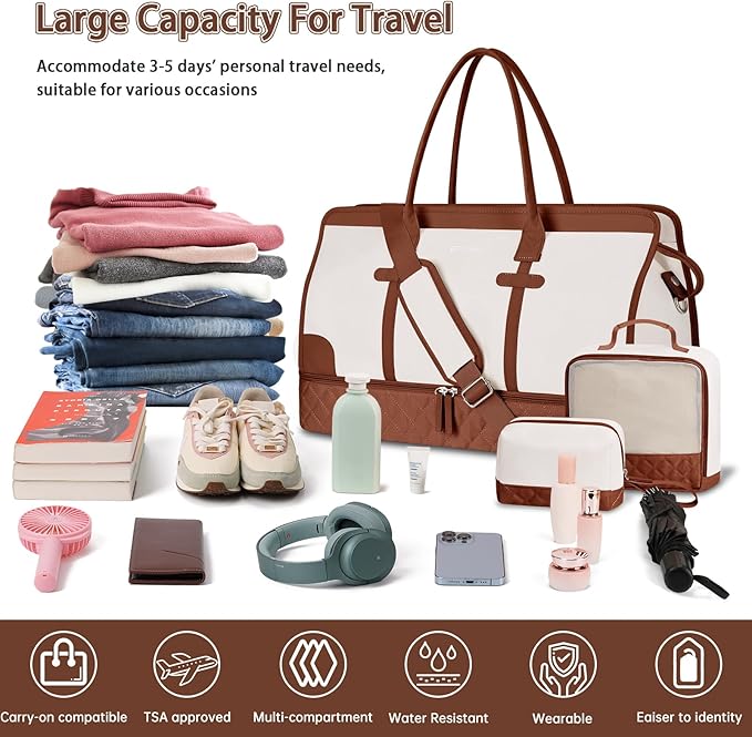 ETRONIK Weekender Overnight Bag for Women, Large Travel Duffle Bag with Shoe Compartment & Wet Pocket, Carry On Tote Bag Gym Duffel Bag with Toiletry Bag for Hospital 4 Pcs Set, XL Size, Beige-Brown