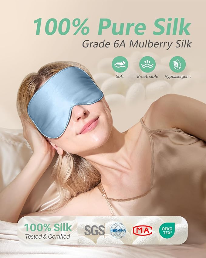 BeeVines 100% Real Mulberry Silk 2 Pack Sleep Mask, Pure Silk Eye Masks with Adjustable Strap for Sleeping, 100% Block Light Eye Shade Cover, Reduces Puffy Eyes Traveling Gifts(Black & Pastel Blue)