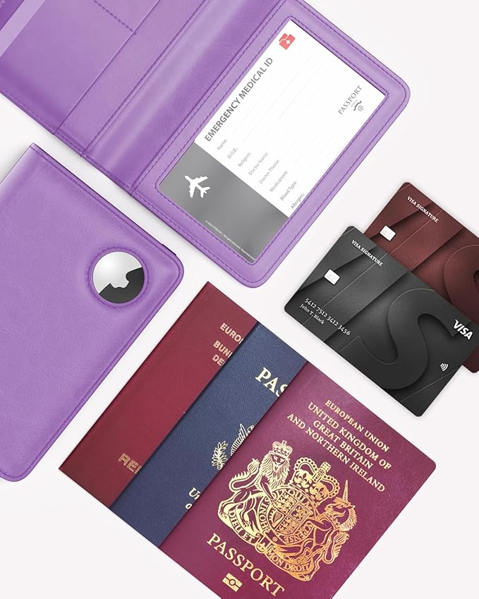 Stouchi AirTag Passport Holder, Anti-Lost Passport Holder with Airtag Slot, Passport Wallet Cover with RFID Blocking, Leather Passport Case Travel Accessories for Women, Purple